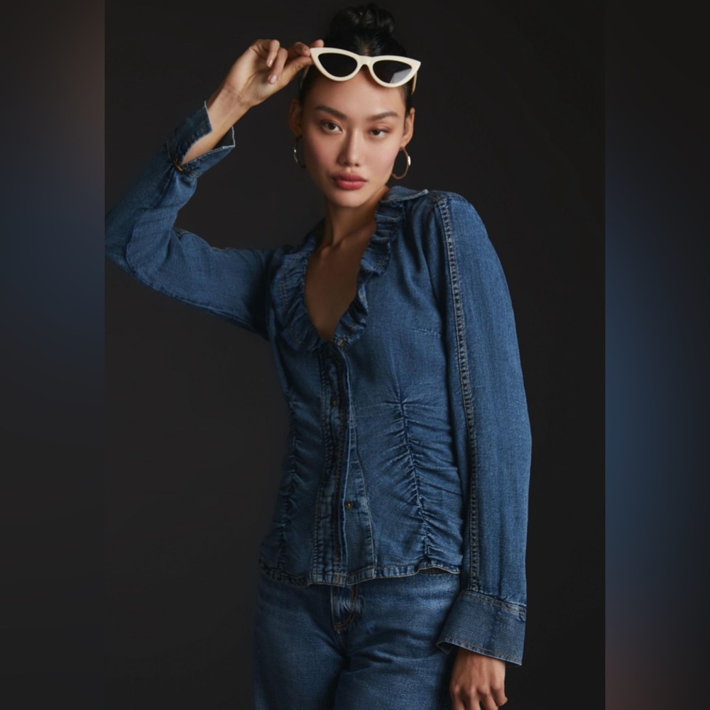 Anthropologie Blue Button Down Shirt ruffle V neck L